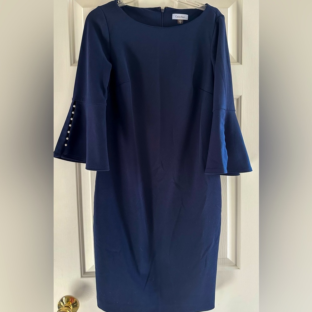 Calvin Klein Navy Dress with 3/4 Pearl Bell Sleeves